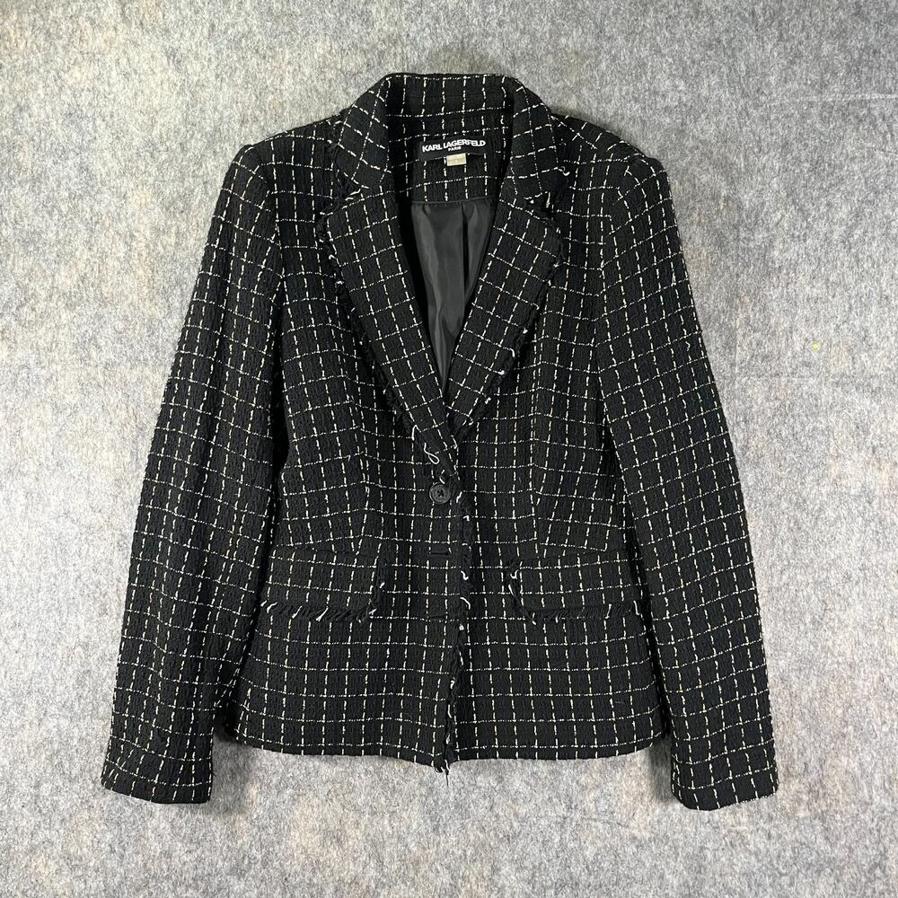 Karl Lagerfeld Paris Tweed Blazer / Women's 8 / Black White Plaid Fringe Jacket